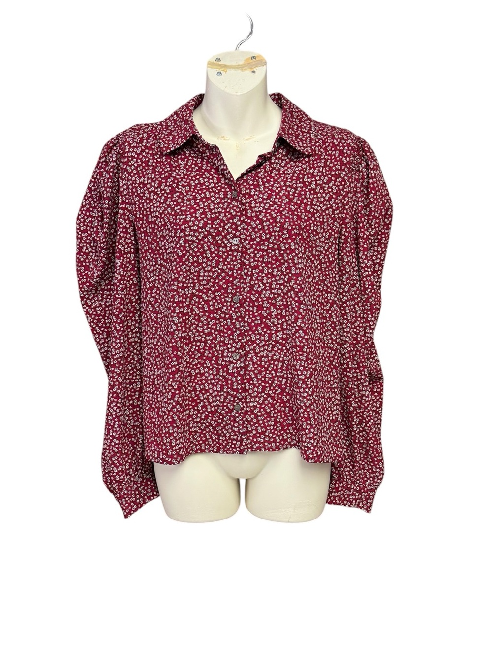 CeCe size XS NWT Burgundy Floral Button-Down Shirt puffed sleeves